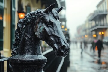close-up of a weathered cast iron horse head sculpture on a rain-soaked street railing with blurred pedestrians, glowing lamps and a moody, melancholic atmosphere