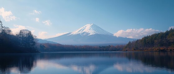 snow-capped solitary mountain rising behind a wooded shoreline, mirrored in a calm lake under a clear blue sky with soft clouds, evoking peaceful serenity