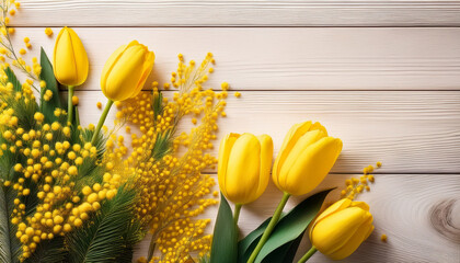 Yellow Tulips And Mimosa Flowers On A Light Wood Surface