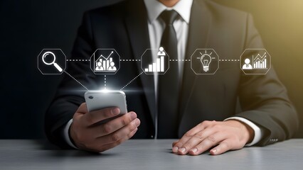 Businessman analyzing data on smartphone with digital graphs and charts