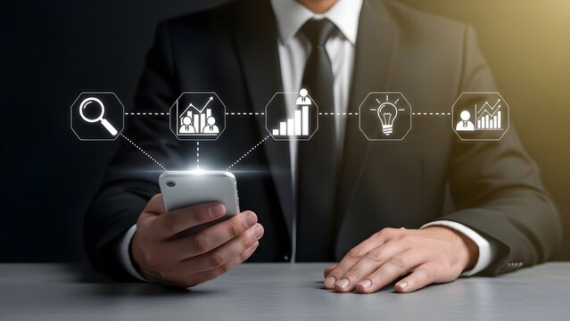 Businessman analyzing data on smartphone with digital graphs and charts - Powered by Adobe