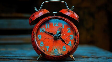 worn red twin-bell alarm clock with cracked face and blue numbers on a wooden table, evoking a nostalgic melancholic mood