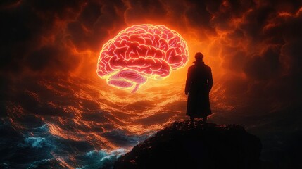 silhouette on a rocky outcrop gazing at a glowing neon brain floating above a turbulent fiery ocean under stormy clouds, evoking awe and introspective contemplation