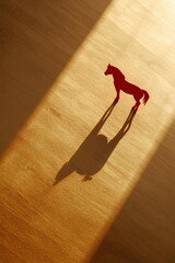 Top down view of red paper horse cutout standing on gold textured background