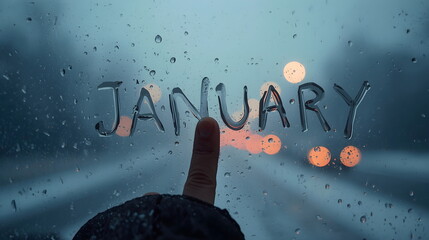 Word January written by finger on wet window glass with rain drops and bokeh lights