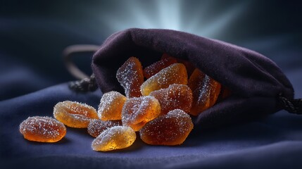 Colorful Candy Gummies in Velvet Pouch on Dark Silk Background with Light