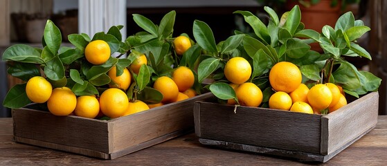 Fresh Citrus Fruits with Green Leaves in Wooden Baskets on Rustic Wooden Table