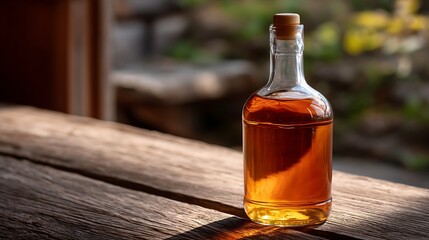 Glass Bottle with Amber Liquid on Rustic Wooden Table in Warm Natural Light