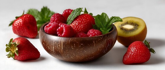Fresh and Colorful Fruit Bowl with Raspberries, Strawberries, Mint, and Kiwi