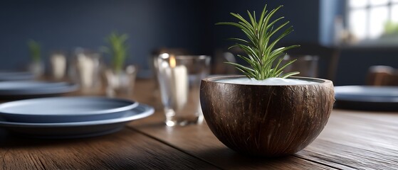 Elegant Table Setting with Modern Plant in Coconut Bowl and Soft Atmosphere