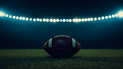 American football ball on grass field with bright stadium lights background at night