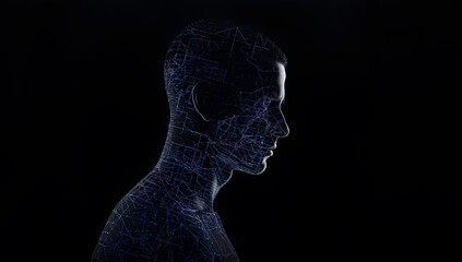 Human Silhouette with Network Connections on Black Background