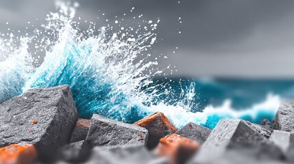 Charcoal seascape of waves crashing into rocks