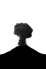 Minimalist black silhouette of volcano eruption with smoke cloud on white background