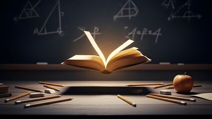 Magical glowing open book floating over wooden desk with pencils and classroom background