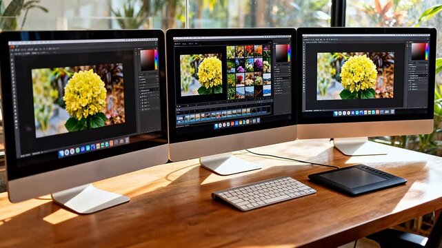 Three computer monitors displaying flower images