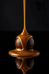 Liquid caramel chocolate pouring over round truffle candy close up