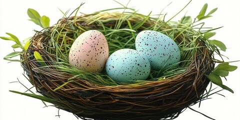Obraz premium woven twig nest lined with green grass and fresh leaves holding three speckled pastel eggs, evoking calm nurturing springtime renewal
