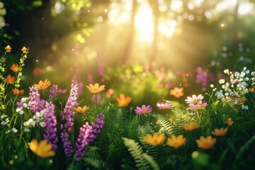 Sunlit forest clearing with colorful wildflowers, ferns and delicate white blossoms bathed in warm golden rays and soft bokeh, evoking a serene magical morning