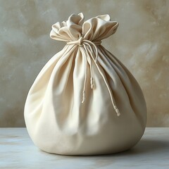 beige drawstring fabric pouch with gathered top and tied cords on a light tabletop against a soft neutral background, calm minimalist still life