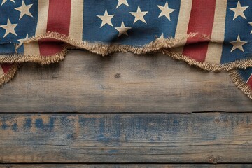 worn stars and stripes bunting with frayed edges draped over distressed wooden planks, nostalgic patriotic mood