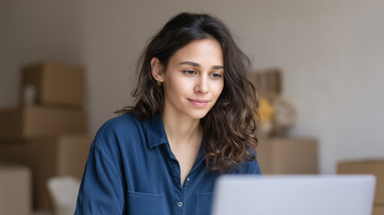 Young woman entrepreneur working on laptop in home office with cardboard box background calmly focused