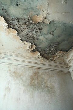 Peeling ceiling plaster and mold in a damp corner of a neglected room, cracked paint and discolored walls conveying decay and abandonment