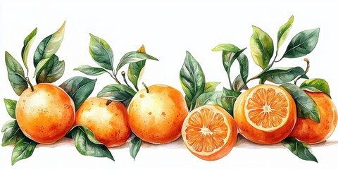 row of ripe bright oranges with green leaves and halved fruit, fresh and cheerful watercolor still life