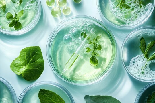 Top view of glass petri dishes with green liquid, bubbling foam, fresh herb leaves, gel capsules and a pipette conveying a fresh, clinical botanical experiment
