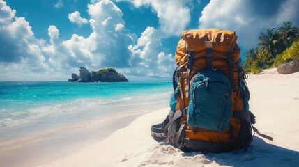 large travel backpack resting on pristine white sand beach beside turquoise ocean with distant rocky islet, palm trees and dramatic blue sky conveying peaceful wanderlust
