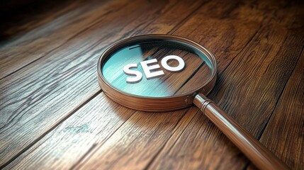 Magnifying glass on wooden table focusing on bold SEO letters with warm light and reflective lens conveying curiosity and analytical focus