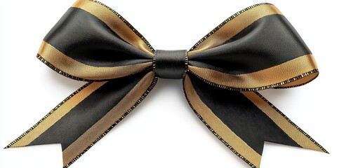 elegant black and gold striped satin bow with pointed tails and center knot on white background, luxurious festive and sophisticated decoration