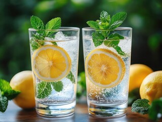 Two chilled sparkling lemon drinks in clear glasses with ice, lemon slices and fresh mint on a wooden table, bright refreshing summer mood