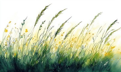 Sunlit meadow grasses and yellow wildflowers swaying in a gentle breeze, tranquil watercolor wash evoking calm and warmth