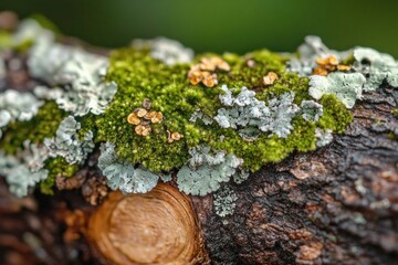 close-up of green moss and pale gray lichen with small orange fungal cups on textured tree bark knot, a tranquil earthy forest detail