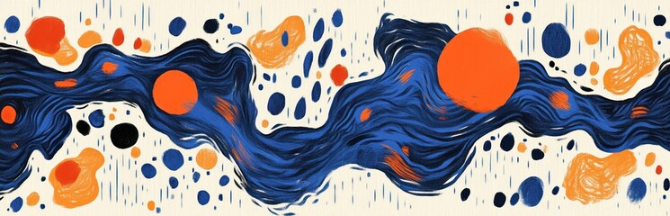 sinuous cobalt blue ribbon flowing across a textured beige canvas with vibrant orange disks and scattered navy and black droplets, energetic rhythmic movement and playful cosmic mood