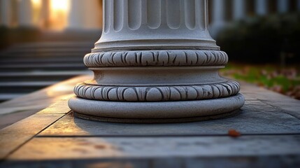Close-up of an ornate fluted stone column base on paved steps at sunset, warm glowing light and shallow focus conveying a calm, majestic, timeless atmosphere