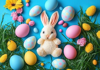 cheerful plush bunny centered among pastel painted easter eggs, green grass, yellow and pink spring flowers on a bright blue background