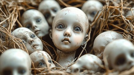 cluster of cracked porcelain doll heads nestled in straw and hay, weathered vintage faces with pale blue eyes and a haunting unsettling atmosphere
