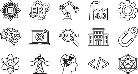 Mental health, business finance, construction machinery, medical allergy, professional recruitment, barber shop, and industry four point zero line icons set, wellness.