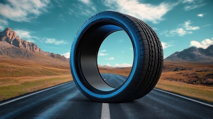 large black tire with bright blue inner rim standing upright in the middle of an empty asphalt road through grassy plains toward distant mountains under a bright blue sky, evoking surreal solitude