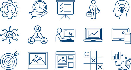 Mental health, business finance, construction machinery, medical allergy, professional recruitment, barber shop, industry four point zero, and management line icons.