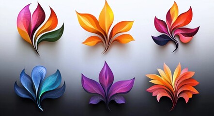 Six vibrant layered paper-like floral and leaf motifs in bright gradient colors on a soft light-to-dark background, playful and elegant