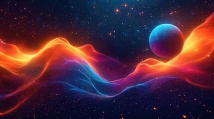 Vibrant cosmic scene with glowing orange and blue nebular waves, scattering starlight and a solitary blue planet evoking wonder and serenity