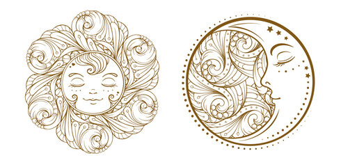 Ornamental gold sun and crescent moon - elegant celestial vector design with intricate line details