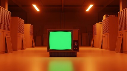 Retro Television with Green Screen Display Standing in Orange Monochromatic Warehouse Style Room