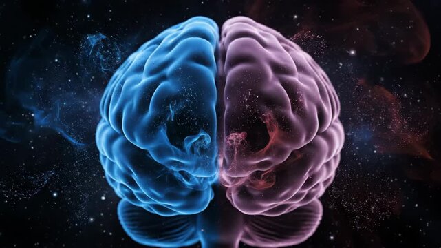 Vivid conceptual render of human brain in shades of blue and red against a dark backdrop, symbolizing intellect and cognitive function. High-quality visual.