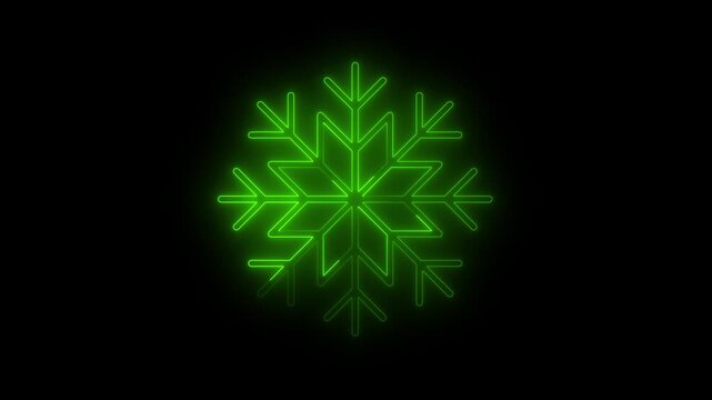 Glowing neon line snowflake animation. Abstract neon green glowing winter holiday element animated on black background. 4k video motion