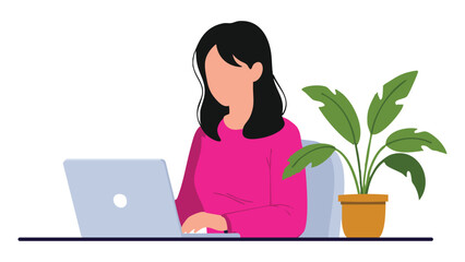Flat vector of a woman working in an office with a laptop, white background. Simple color, cartoon, no borders.