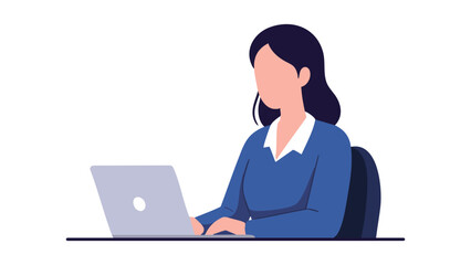 Flat vector of a woman working in an office with a laptop, white background. Simple color, cartoon, no borders.